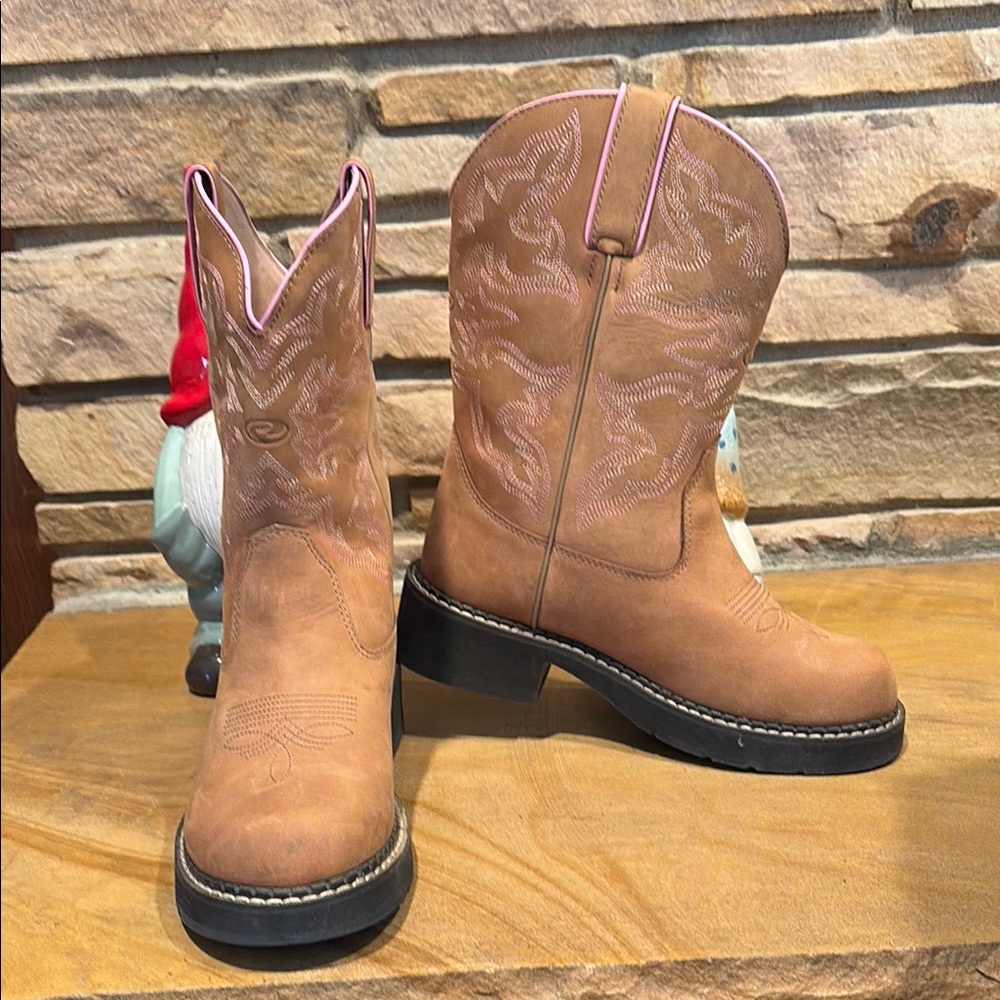 Roper Tan Western Boots with Pink Trim